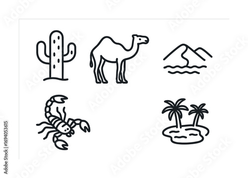 Desert icons: cactus, camel, mountains, scorpion, island