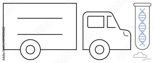 Truck with a DNA-filled test tube represents logistics of biotechnology, innovation, and lab research. Ideal for medical, science, genetics, transportation, supply chain, technology education