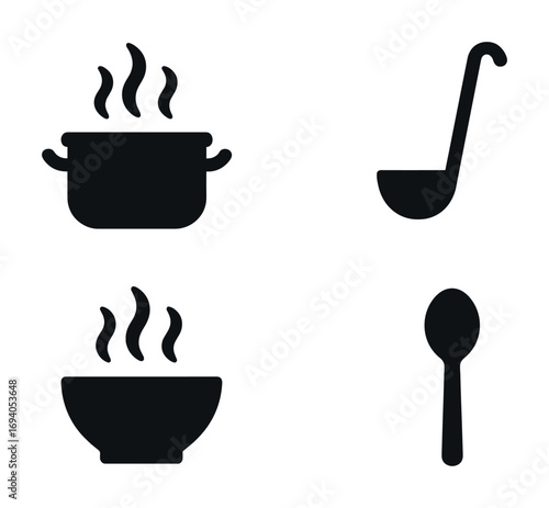 Minimalist kitchen icons: pot, ladle, steam, and bowl in black and white