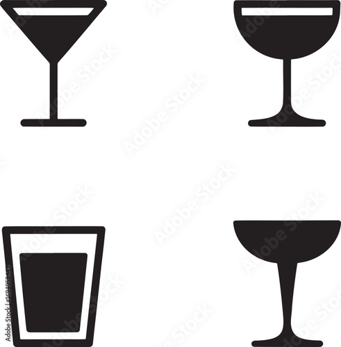 Black Silhouettes of Cocktail Glasses – Martini, Coupe, Highball, and Margarita Icons for Bar Menu and Beverage Design 