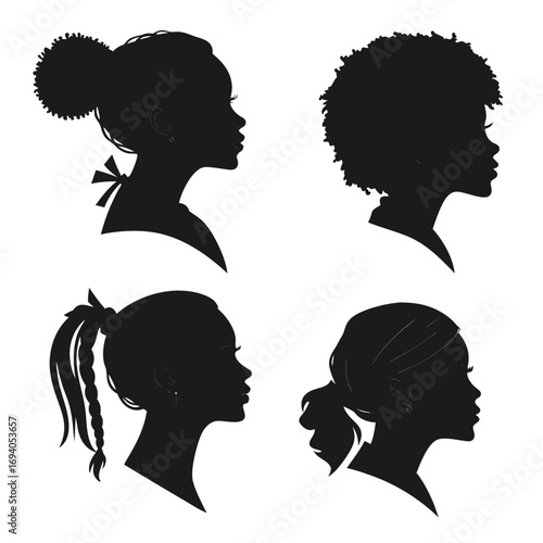 Four black female profile silhouettes different hairstyles