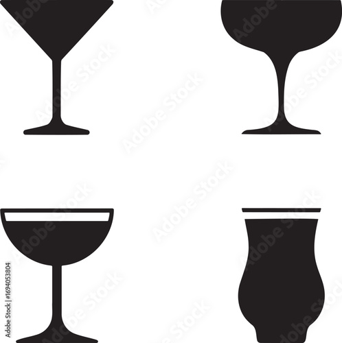 Black Silhouettes of Cocktail Glasses – Martini, Coupe, Highball, and Margarita Icons for Bar Menu and Beverage Design 