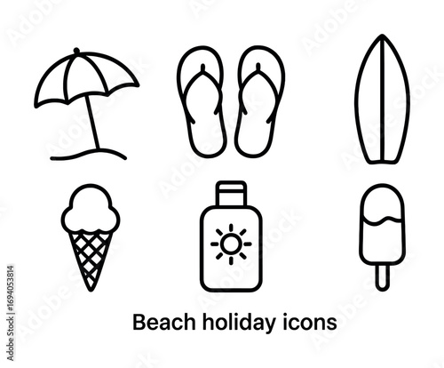 Beach holiday icons: umbrella, flip-flops, surfboard, ice cream, sunscreen