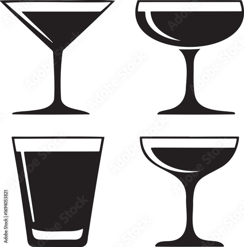 Black Silhouettes of Cocktail Glasses – Martini, Coupe, Highball, and Margarita Icons for Bar Menu and Beverage Design 