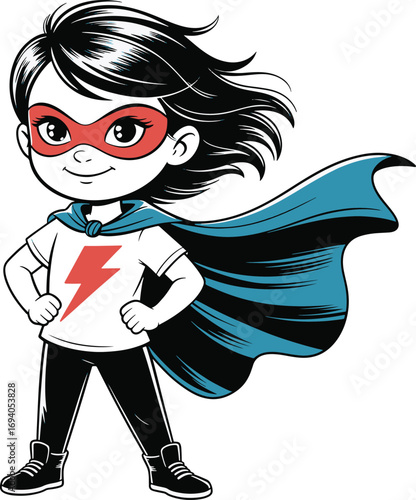 girl child superhero with flowing cape and lightning bolt t shirt ready for action