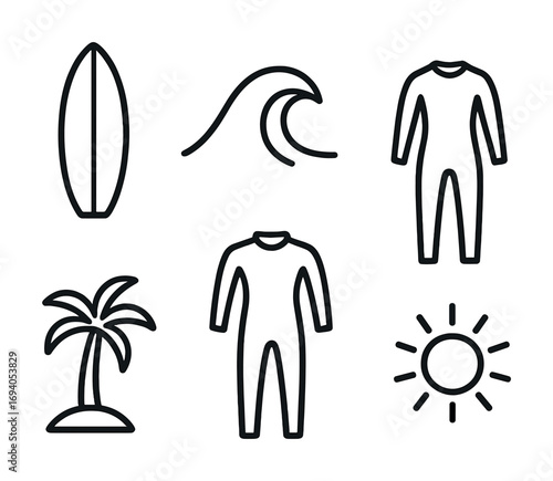 Surfing gear and beach icons: wetsuit, surfboard, wave, palm tree, sun