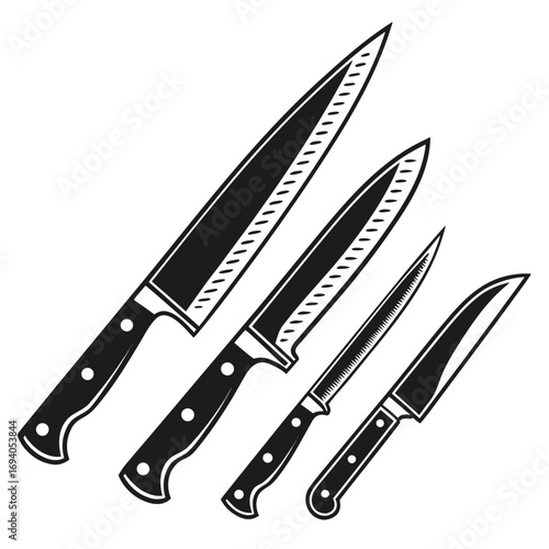 Four black kitchen knives silhouette cutlery cooking