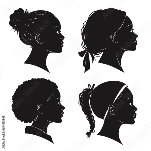 Four black silhouettes of women with diverse hairstyles