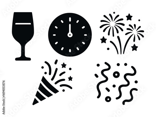 New year celebration icons: wine glass, clock, fireworks, party popper, streamers