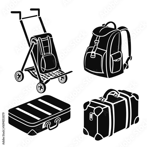 Four black travel luggage silhouettes backpack suitcase