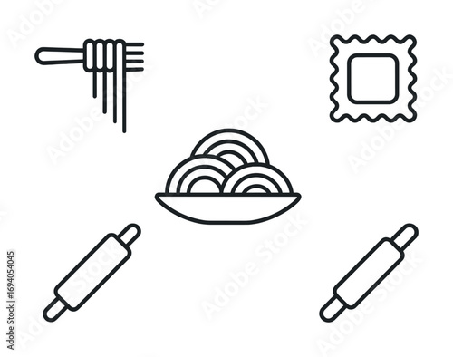 Minimalist line art of pasta icons featuring spaghetti, ravioli, and rolling pin
