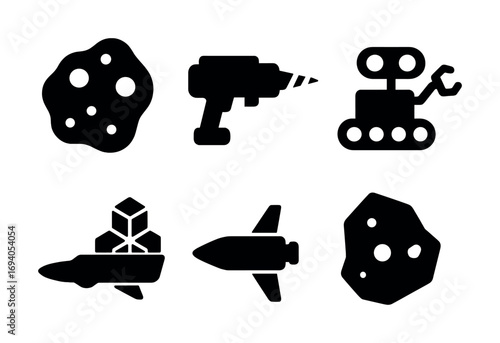 Space exploration icons: asteroids, drill, robot, cargo ship, rocket, celestial objects