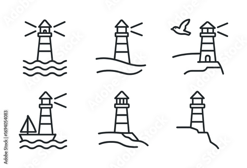 Minimalist lighthouse icons collection with waves and seagull