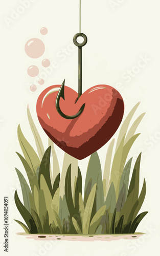Heart fishing hook symbolizing love caught captured love symbolism on pastel background vector