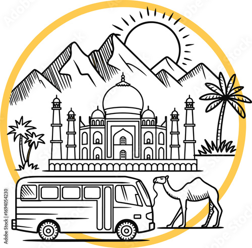 Iconic indian landmarks taj mahal camel bus mountains palm tree sun scene vector