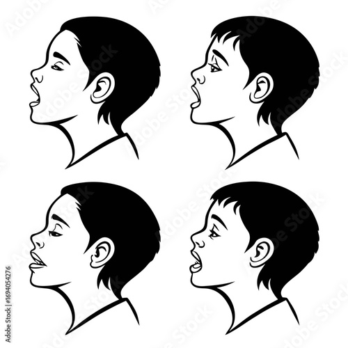 Four minimal profile faces open mouth black and white