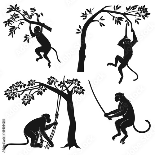 Four monkey poses tree hanging swinging primate animal