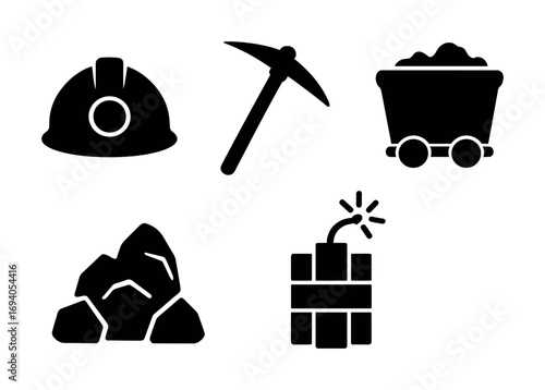 Mining symbols: helmet, pickaxe, cart, rocks, dynamite illustrations