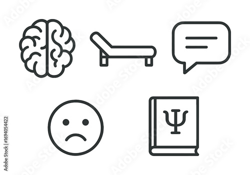 Psychology symbols: brain, therapy couch, speech bubble, sad face, psychology book icon set