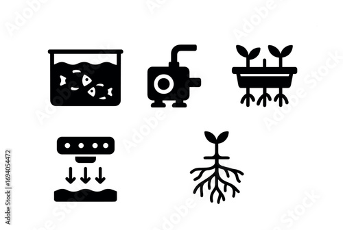 Aquaponics system icons: fish tank, water pump, seedlings, filtration, roots
