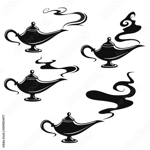 Genie lamps smoke swirls silhouettes magic lamp