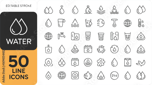 50 Editable Water Drop Line Icons Hydration, Purity, and Nature Collection