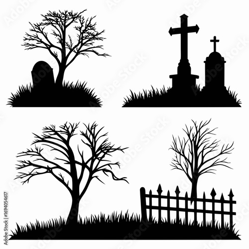 Graveyard scene silhouettes bare trees crosses tombstones