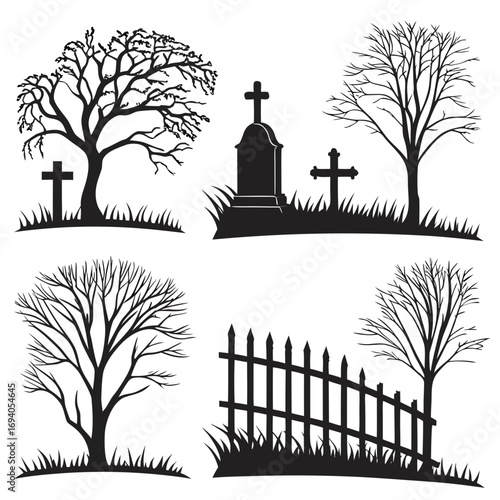 Graveyard scene silhouettes trees crosses fence cemetery