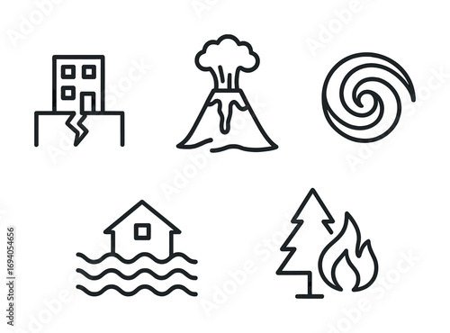 Natural disaster symbols: earthquake, volcano, cyclone, flood, wildfire icons