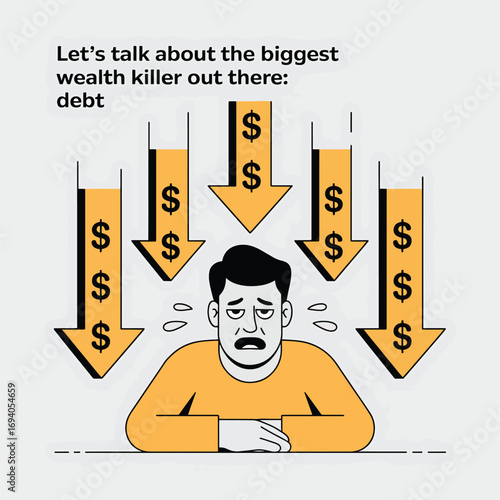 Man stressed by debt falling arrows symbolizing financial crisis money problems vector
