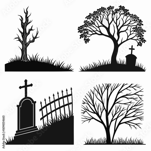 Graveyard scene silhouettes trees tombstones crosses fence
