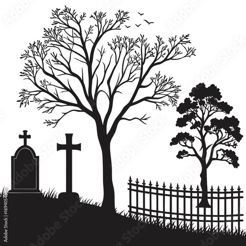 Graveyard scene silhouettes trees crosses fence cemetery