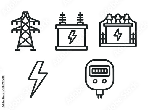 Minimalist line art illustrations of power transmission and electrical components