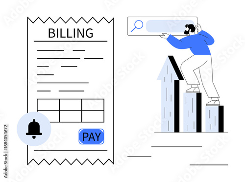 Digital billing with payment button, growth chart, user interacting with search bar, and notification bell. Ideal for finance, billing, analytics, growth management strategy organization. Simple