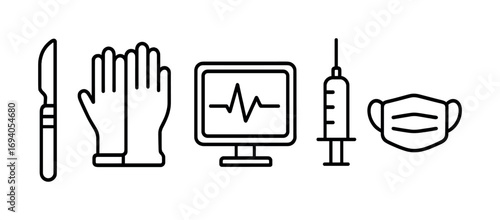Medical tools icon set: scalpel, gloves, monitor, syringe, mask in line art style