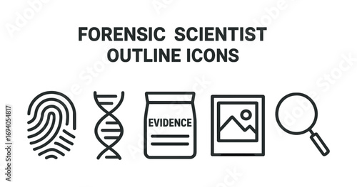 Forensic science icons: fingerprint, dna, evidence, photo, magnifying glass outline