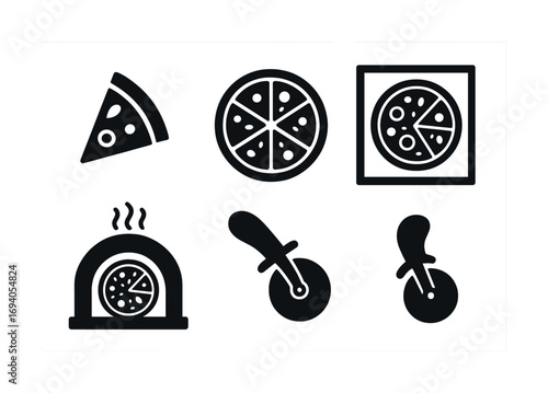 Black and white pizza icons set with slice cutter and oven