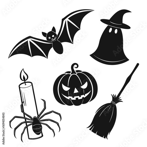 Halloween icons bat ghost pumpkin spider candle broom