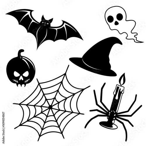 Halloween icons bat ghost pumpkin witch hat spider web candle