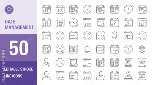 50 Editable Stroke Line Icons for Date Management Calendars, Clocks, Timelines, and Reminders with Timely Planning