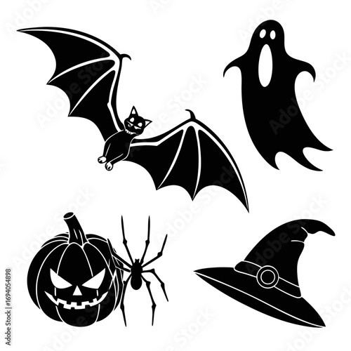 Halloween icons bat ghost pumpkin spider witch hat