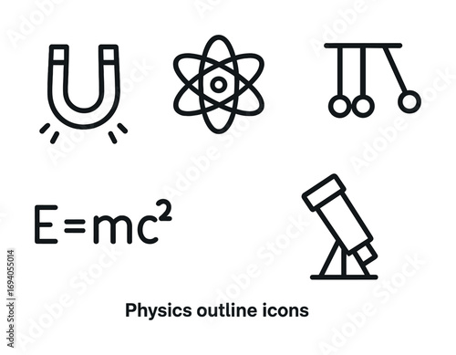 Outline icons of physics concepts: magnet, atom, newton's cradle, e=mc², telescope
