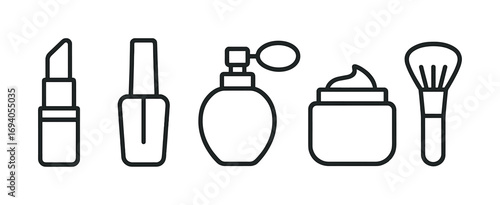 Minimalist icons of lipstick, nail polish, perfume, cream, and makeup brush