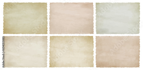 Old antique paper textures with torn jagged edges. Vintage aged worn parchment background set