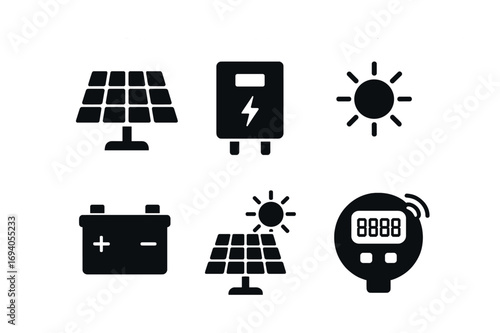 Solar power icons: panels, battery, sun, inverter, meter symbols
