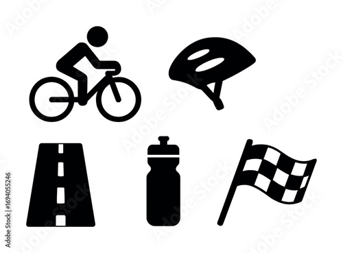 Cycling symbols: road, helmet, water bottle, bicycle, checkered flag icons