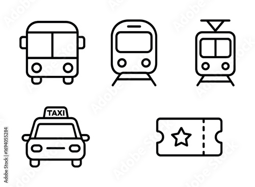 Set of black line icons: bus, train, tram, taxi, ticket for transportation concepts