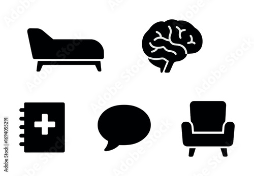 Psychology symbols: therapy couch, brain, medical journal, speech bubble, armchair icons