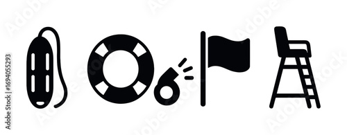 Lifeguard equipment icons: rescue tube, life ring, whistle, flag, chair