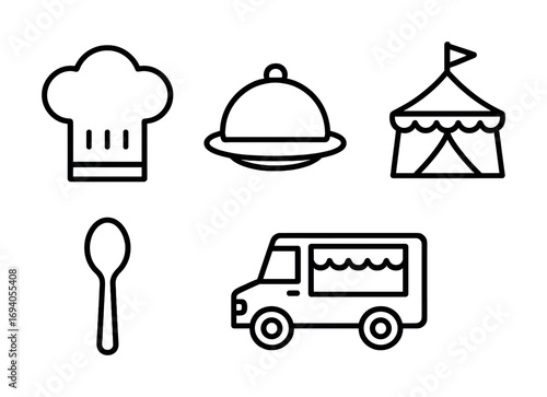 Chef hat, food dome, circus tent, spoon, and food truck icons in black and white